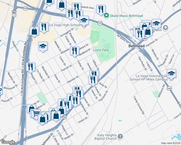 map of restaurants, bars, coffee shops, grocery stores, and more near 1015 Fisher Street in Waco