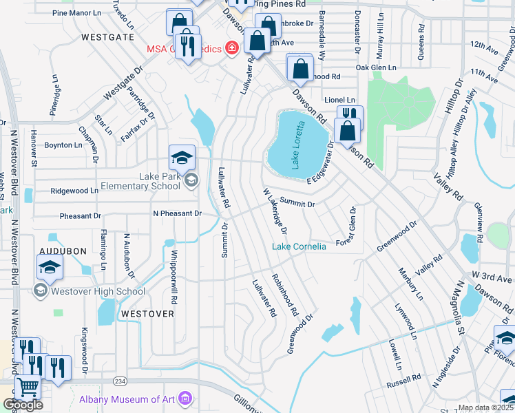 map of restaurants, bars, coffee shops, grocery stores, and more near 930 Summit Drive in Albany