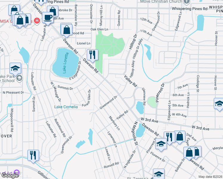map of restaurants, bars, coffee shops, grocery stores, and more near 1802 Dawson Road in Albany