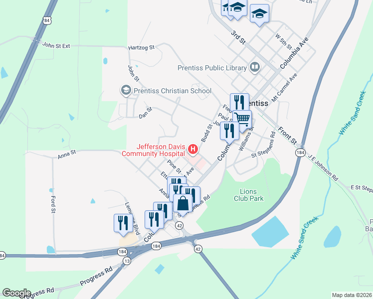 map of restaurants, bars, coffee shops, grocery stores, and more near 1136 Berry Street in Prentiss