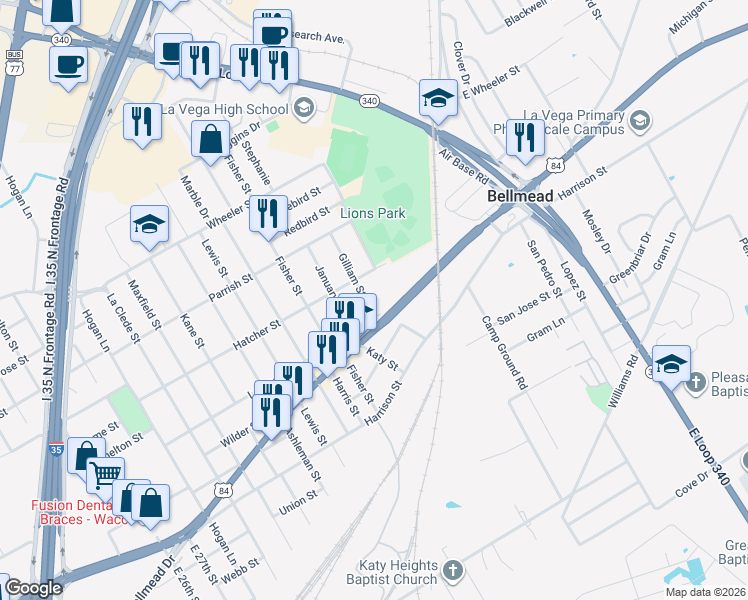 map of restaurants, bars, coffee shops, grocery stores, and more near 3702 Latimer Street in Waco