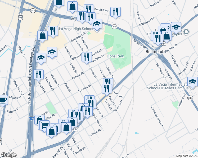 map of restaurants, bars, coffee shops, grocery stores, and more near 1101 Fisher Street in Waco