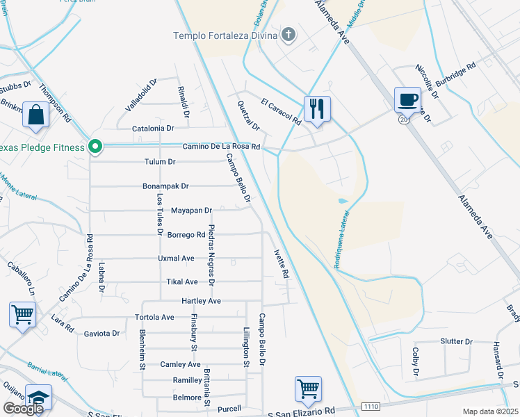 map of restaurants, bars, coffee shops, grocery stores, and more near 12394 Campo Bello Drive in San Elizario