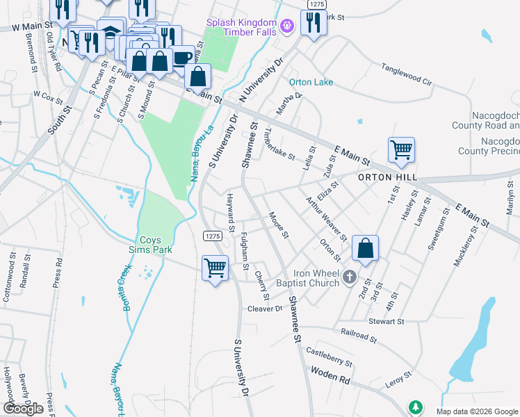map of restaurants, bars, coffee shops, grocery stores, and more near 703 Shawnee Street in Nacogdoches