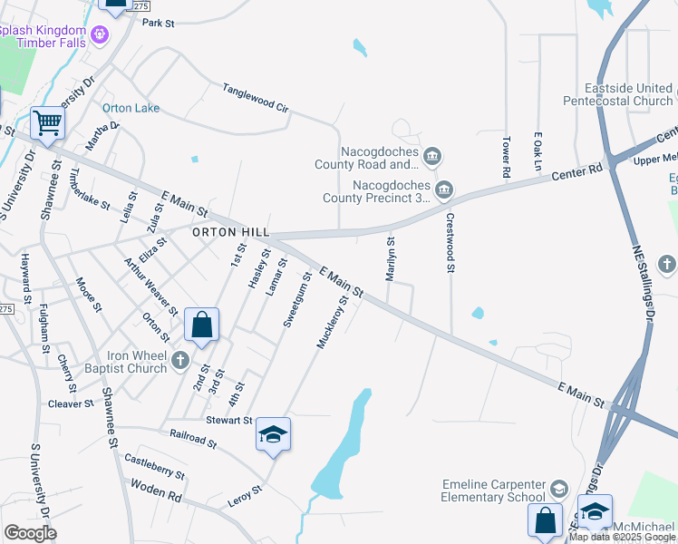 map of restaurants, bars, coffee shops, grocery stores, and more near 2320 East Main Street in Nacogdoches