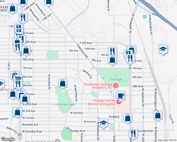 map of restaurants, bars, coffee shops, grocery stores, and more near 1407 Brosnan Court in Albany