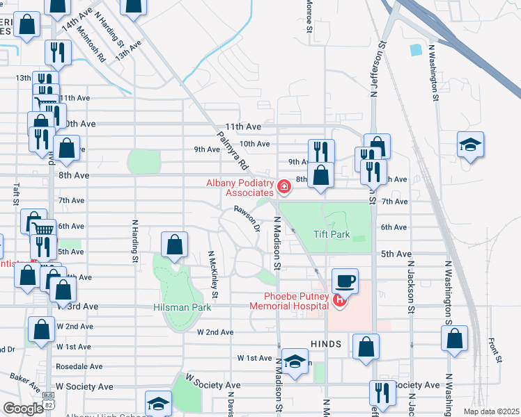 map of restaurants, bars, coffee shops, grocery stores, and more near 606 7th Avenue in Albany