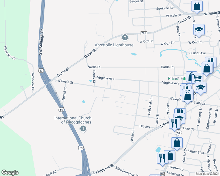 map of restaurants, bars, coffee shops, grocery stores, and more near 1801-1913 Virginia Avenue in Nacogdoches