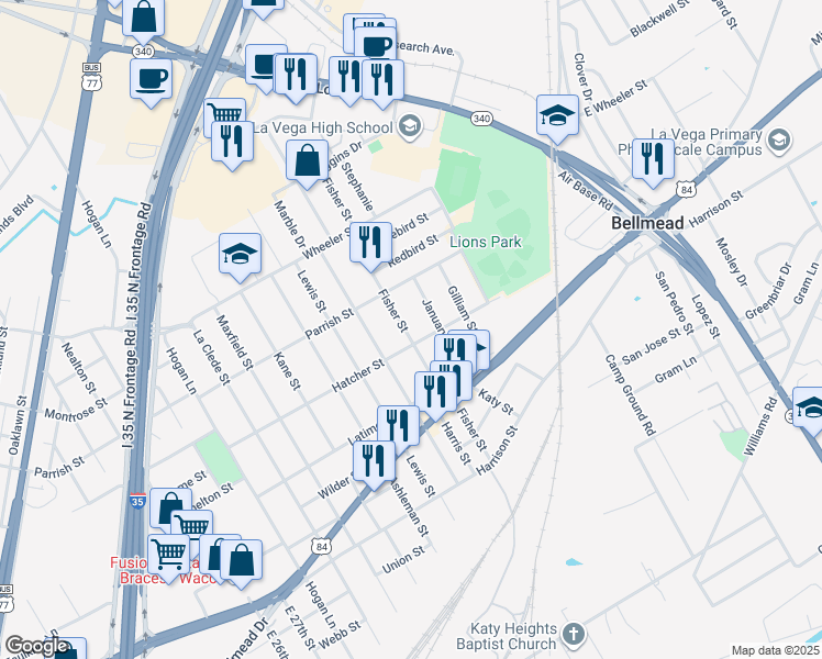 map of restaurants, bars, coffee shops, grocery stores, and more near 1112 January Street in Waco