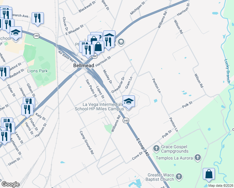 map of restaurants, bars, coffee shops, grocery stores, and more near 716 Compton Lane in Bellmead