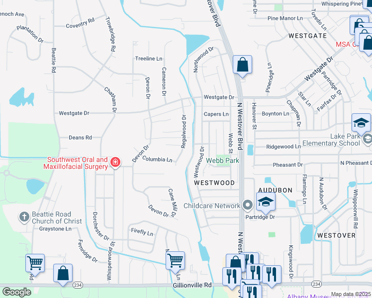 map of restaurants, bars, coffee shops, grocery stores, and more near 1810 Regalwood Drive in Albany