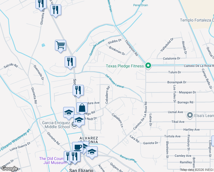 map of restaurants, bars, coffee shops, grocery stores, and more near 12300 Caballero Road in San Elizario