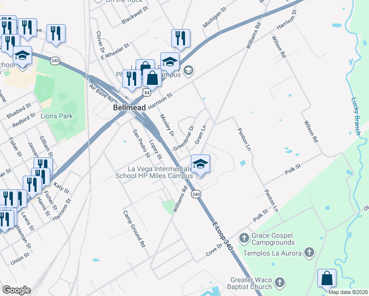 map of restaurants, bars, coffee shops, grocery stores, and more near 716 Compton Lane in Bellmead