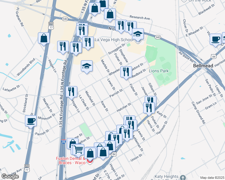 map of restaurants, bars, coffee shops, grocery stores, and more near 1206 Lewis Street in Bellmead