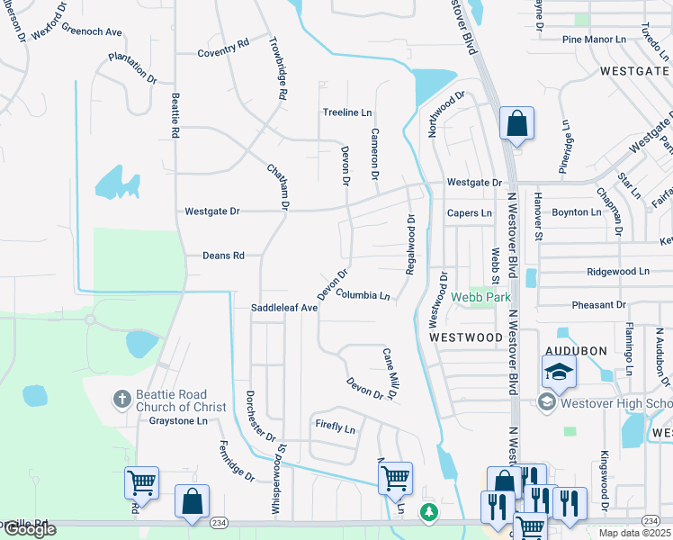 map of restaurants, bars, coffee shops, grocery stores, and more near 1815 Devon Drive in Albany
