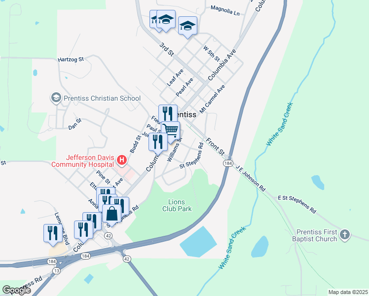map of restaurants, bars, coffee shops, grocery stores, and more near 811 Lafayette St in Prentiss