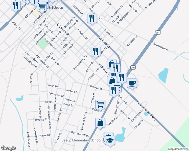 map of restaurants, bars, coffee shops, grocery stores, and more near 906 East Plum Street in Jesup