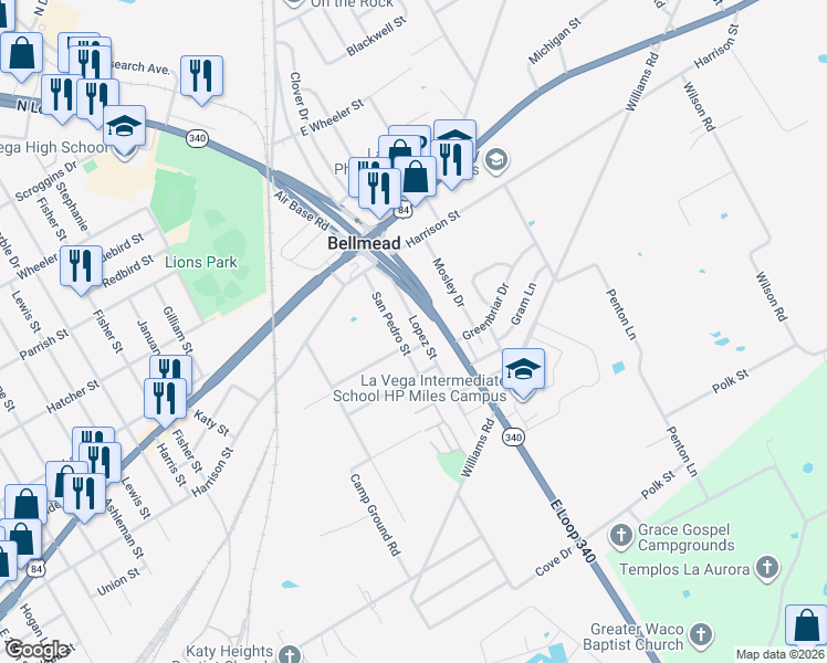 map of restaurants, bars, coffee shops, grocery stores, and more near 145 Lopez Street in Bellmead