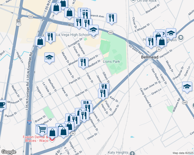 map of restaurants, bars, coffee shops, grocery stores, and more near 1112 January Street in Waco