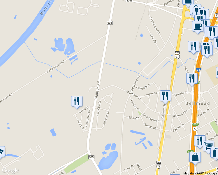 map of restaurants, bars, coffee shops, grocery stores, and more near 2101 Gholson Road in Waco