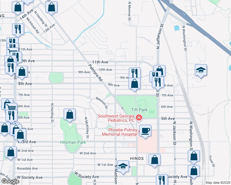 map of restaurants, bars, coffee shops, grocery stores, and more near 1400 North Madison Street in Albany