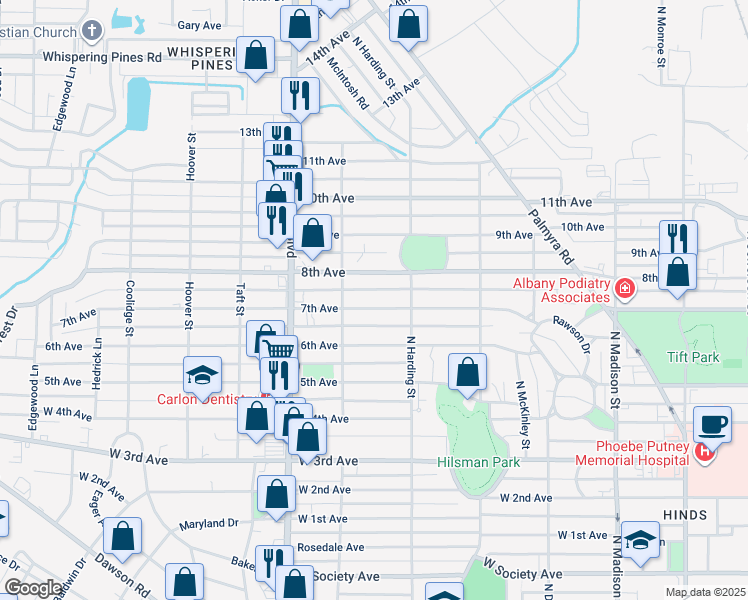 map of restaurants, bars, coffee shops, grocery stores, and more near 913 7th Avenue in Albany