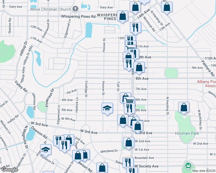 map of restaurants, bars, coffee shops, grocery stores, and more near 1211 7th Avenue in Albany