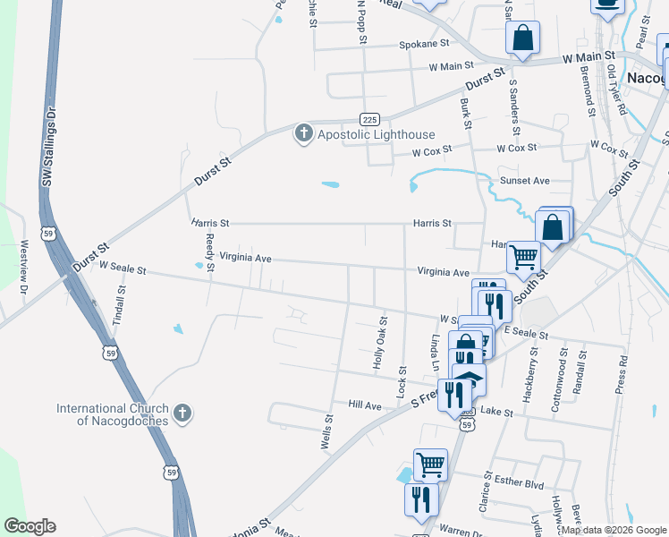 map of restaurants, bars, coffee shops, grocery stores, and more near 1813 Virginia Avenue in Nacogdoches
