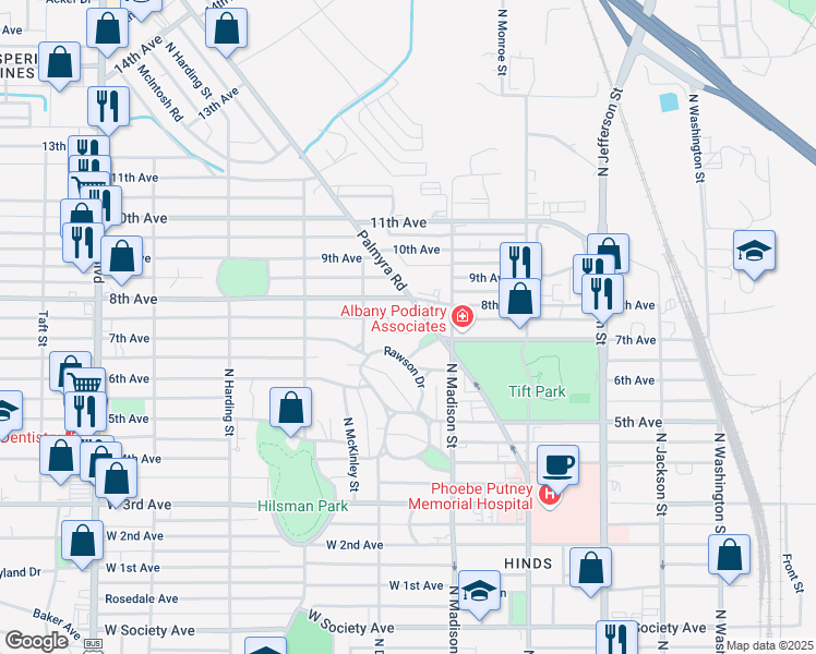 map of restaurants, bars, coffee shops, grocery stores, and more near 1407 Brosnan Court in Albany
