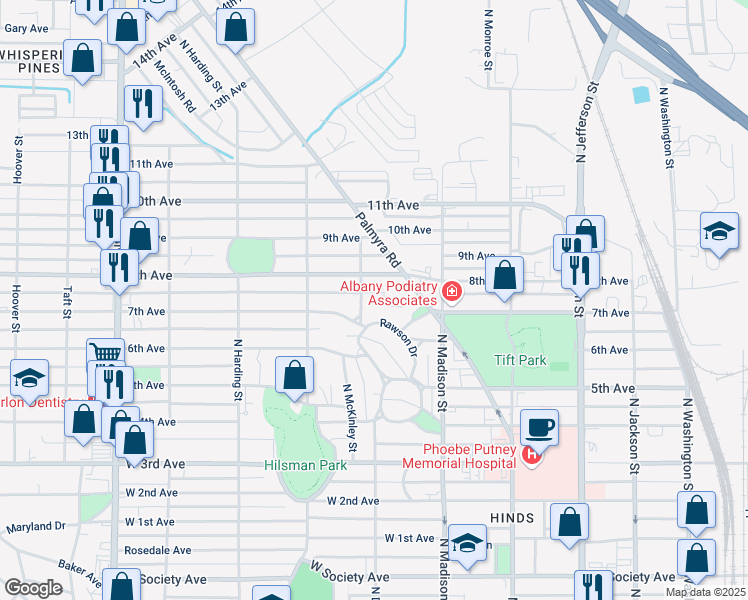 map of restaurants, bars, coffee shops, grocery stores, and more near 1406 North Davis Street in Albany