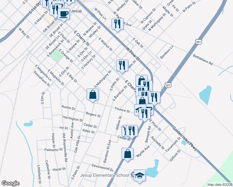 map of restaurants, bars, coffee shops, grocery stores, and more near 906 East Plum Street in Jesup