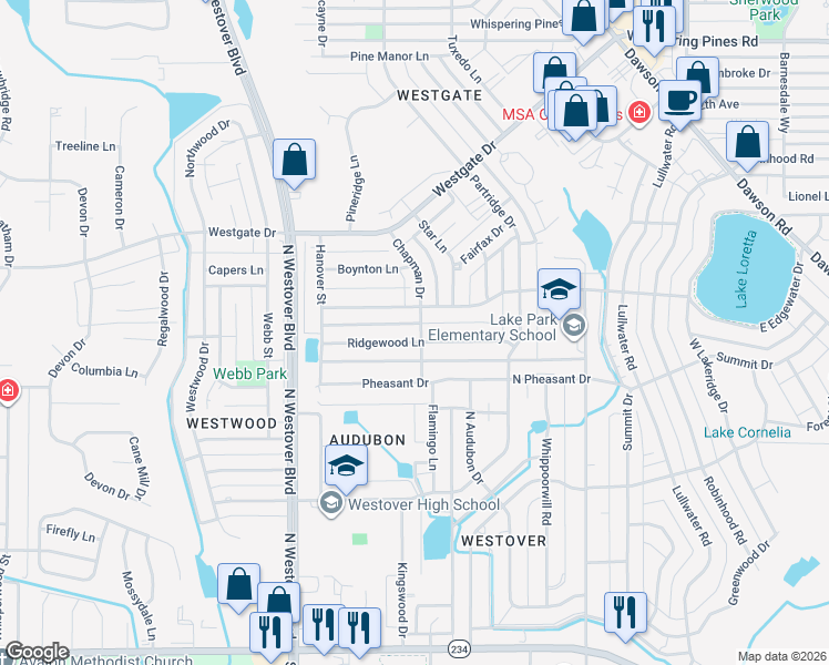 map of restaurants, bars, coffee shops, grocery stores, and more near 2601 Ridgewood Lane in Albany