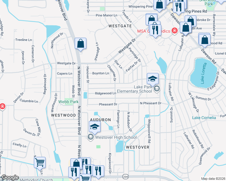 map of restaurants, bars, coffee shops, grocery stores, and more near 2601 Ridgewood Lane in Albany
