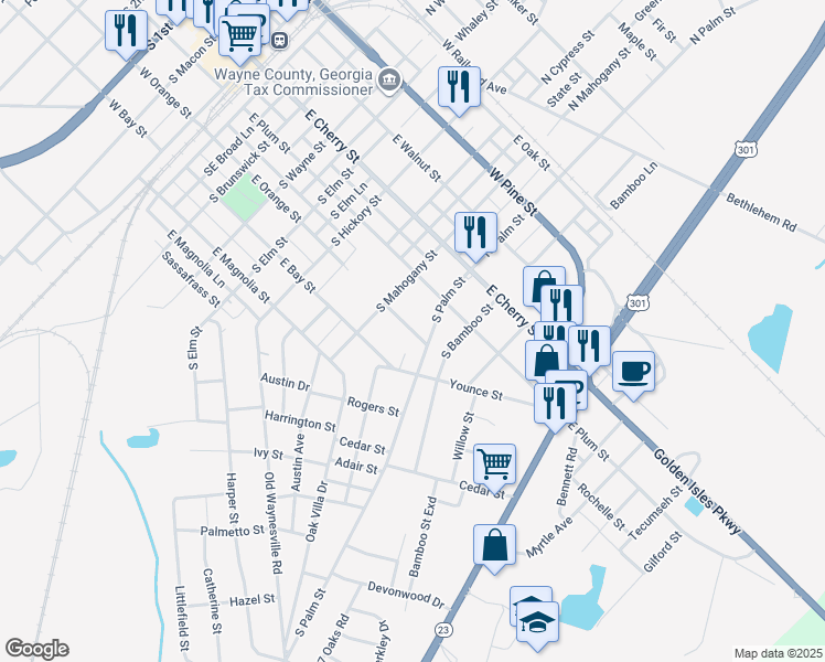 map of restaurants, bars, coffee shops, grocery stores, and more near 748 E Orange St in Jesup
