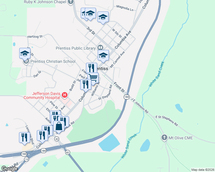 map of restaurants, bars, coffee shops, grocery stores, and more near 807-811 Lafayette St in Prentiss