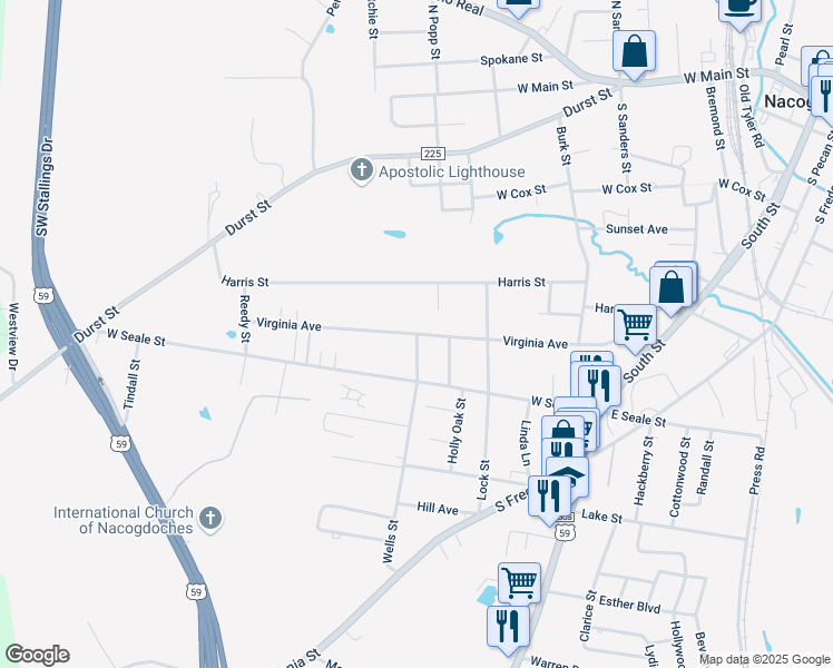 map of restaurants, bars, coffee shops, grocery stores, and more near 1801 Virginia Avenue in Nacogdoches