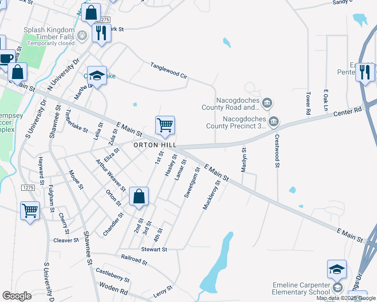 map of restaurants, bars, coffee shops, grocery stores, and more near 2201 East Main Street in Nacogdoches