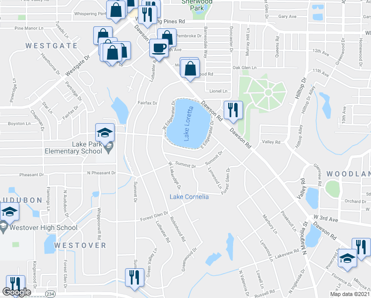 map of restaurants, bars, coffee shops, grocery stores, and more near 1001 East Edgewater Drive in Albany