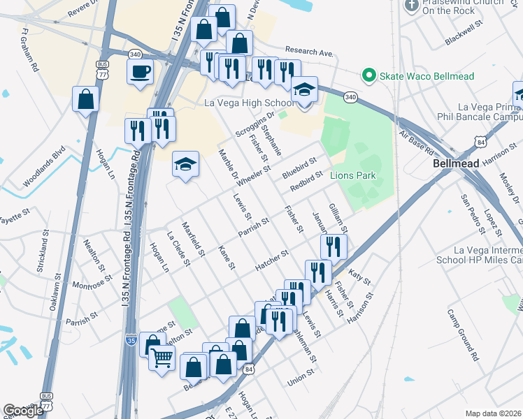 map of restaurants, bars, coffee shops, grocery stores, and more near 1227 La Vega Street in Waco