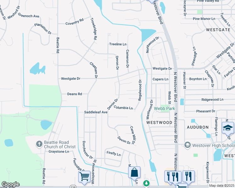 map of restaurants, bars, coffee shops, grocery stores, and more near 1815 Devon Drive in Albany