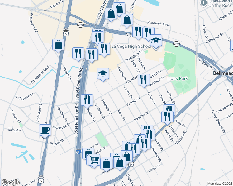 map of restaurants, bars, coffee shops, grocery stores, and more near 1224 Ashleman Street in Waco