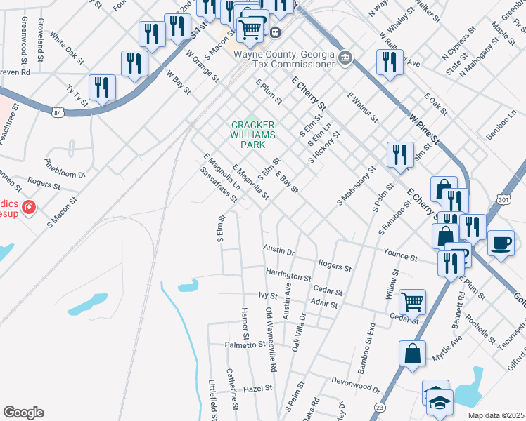 map of restaurants, bars, coffee shops, grocery stores, and more near 84 Old Waynesville Road in Jesup