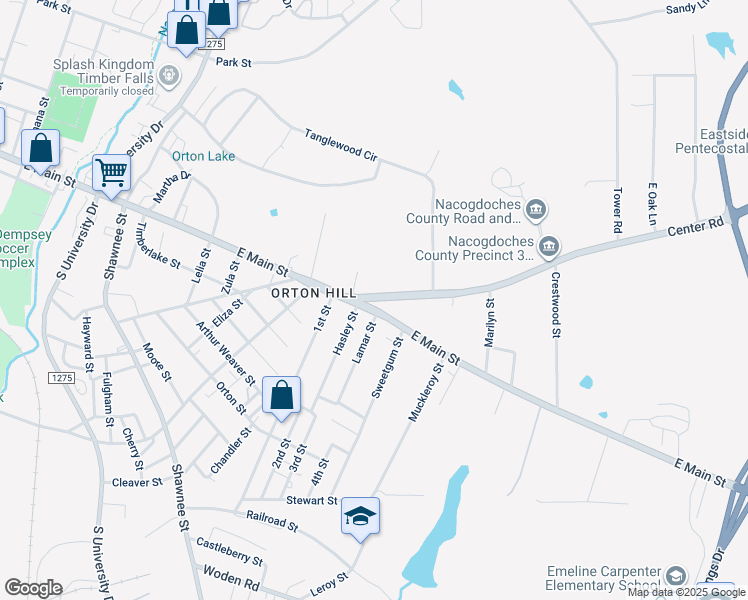 map of restaurants, bars, coffee shops, grocery stores, and more near 2201 East Main Street in Nacogdoches