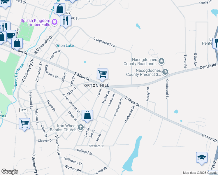 map of restaurants, bars, coffee shops, grocery stores, and more near 100-498 Hasley St in Nacogdoches