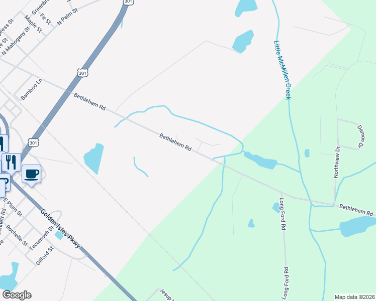 map of restaurants, bars, coffee shops, grocery stores, and more near 1040-1858 Bethlehem Road in Jesup