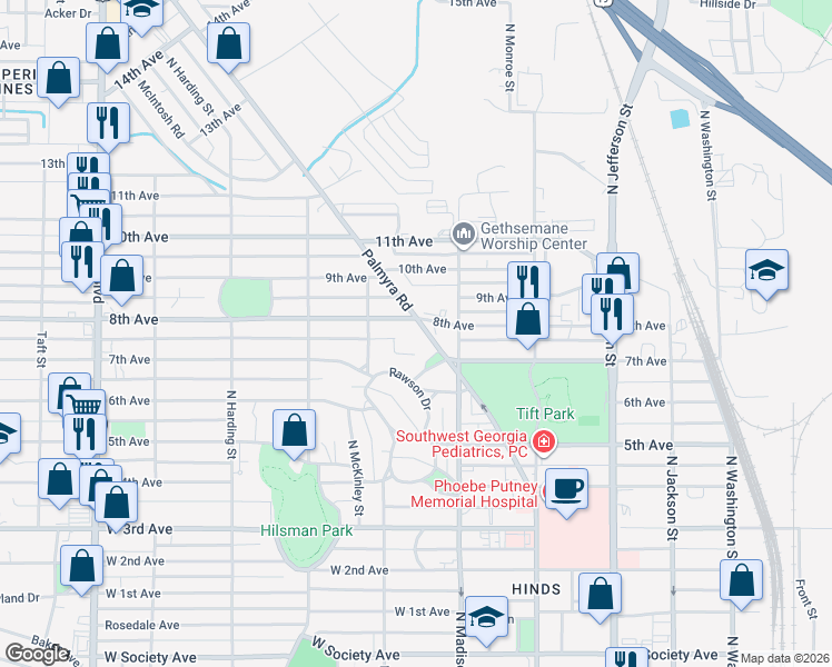 map of restaurants, bars, coffee shops, grocery stores, and more near 1409 Palmyra Road in Albany