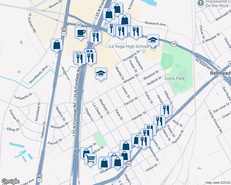 map of restaurants, bars, coffee shops, grocery stores, and more near 1216 Ashleman Street in Waco