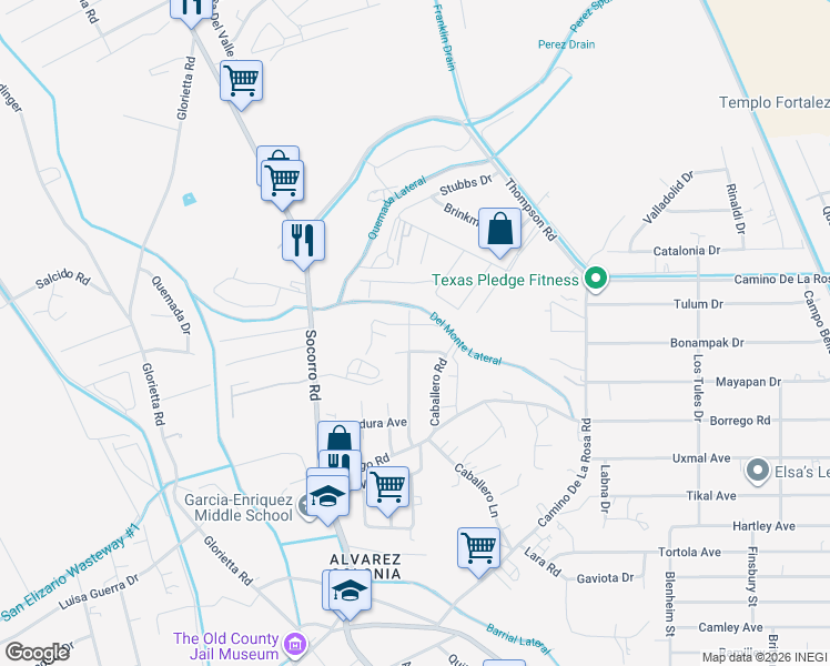 map of restaurants, bars, coffee shops, grocery stores, and more near 12300 Caballero Road in San Elizario