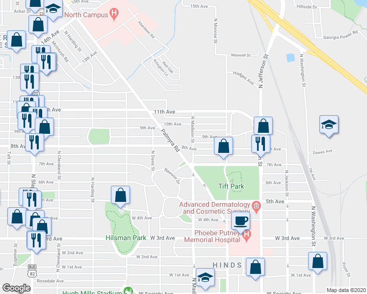 map of restaurants, bars, coffee shops, grocery stores, and more near 601 8th Avenue in Albany