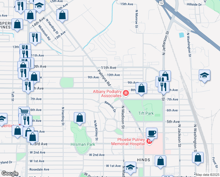 map of restaurants, bars, coffee shops, grocery stores, and more near 1505 Palmyra Road in Albany